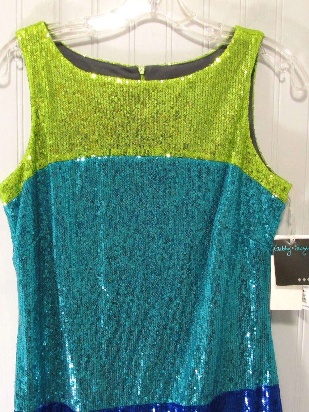 Gabby Skye NWT Lime Aqua Blue Sequined Sleeveless Sheath Dress, Size 8 - Picture 3 of 8